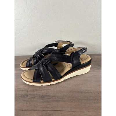 Ara Lucilla Black Leather Wedge Sandal Slingback knotted design size 7.5