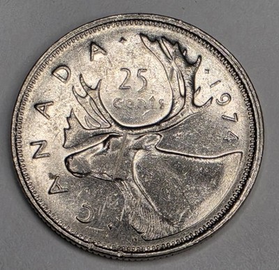 1974 Canada 25 Cents - Circulated Canadian Nickel World Coin - Caribou