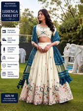 Women  s Readymade Full Stitched Cream Peacock Embroidered Lehenga Choli M