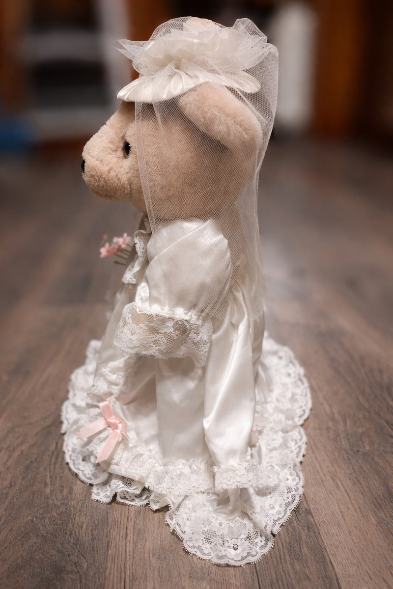 Vintage Bride Teddy Bear in Satin Lace Wedding Dress Veil