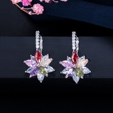 Women's Mixed Color Cubic Zirconia Two Layer Flower Hoop Earrings