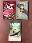 3 Antique GELATIN Victorian Postcards Birds Swallow Doves Roses Violets Cabins — photo 1