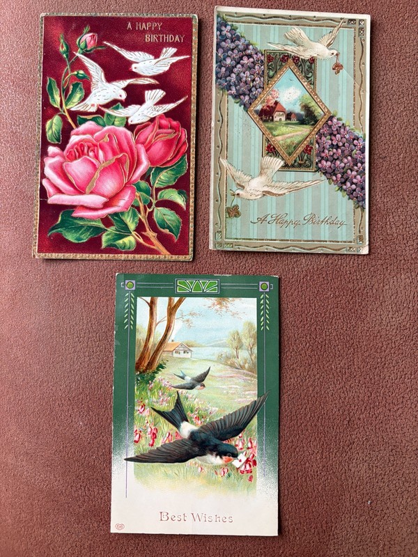 3 Antique GELATIN Victorian Postcards Birds Swallow Doves Roses Violets Cabins