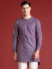 Men s Ethnic Printed Pure Cotton Kurta Purple Gold, Round Neck, S-XXL