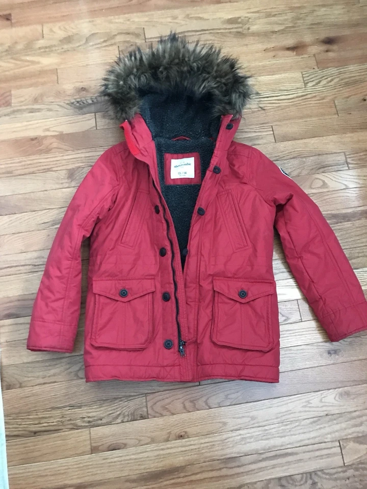 Abercrombie Kids Red Parka Jacket with Faux Fur Hood (Size 13/14) - Image 4 of 4