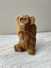 Vintage Hand-Carved Wooden "Hear No Evil" Wise Monkey Figurine Solid Wood Statue