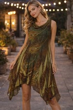 IC Collection Peacock Feather Dress L Asymmetrical Hem Boho Artwear Made in USA