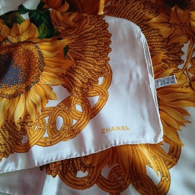 CHANEL Sunflower pattern Silk Scarf Orange Yellow White Green