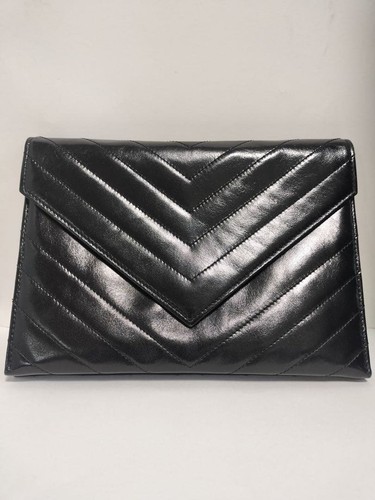 Yves Saint Laurent Clutch Bag Chevron Stitch Black Leather Used Japan