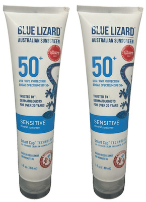 2x Blue Lizard Sensitive Sunscreen SPF 50+ (5 oz each) Mineral Lotion   UVA/UVB