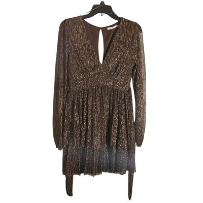 Mi Ami Francescas Gold Metallic Pleated Mini Dress Long Sleeve V-Neck Medium NWT