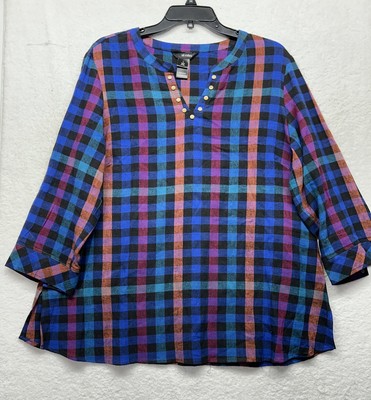 Ali Miles Womens Size L Blue 3/4 Sleeve Linen Blend Plaid Top (J13)