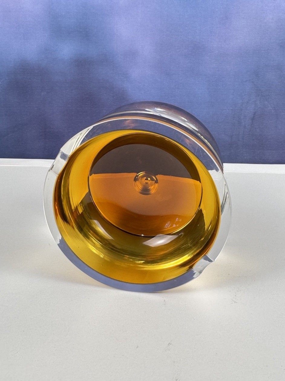 Kronos Poland Vintage Amber Ashtray Glass Heavy Base Controlled Bubble 4.75 x 3”