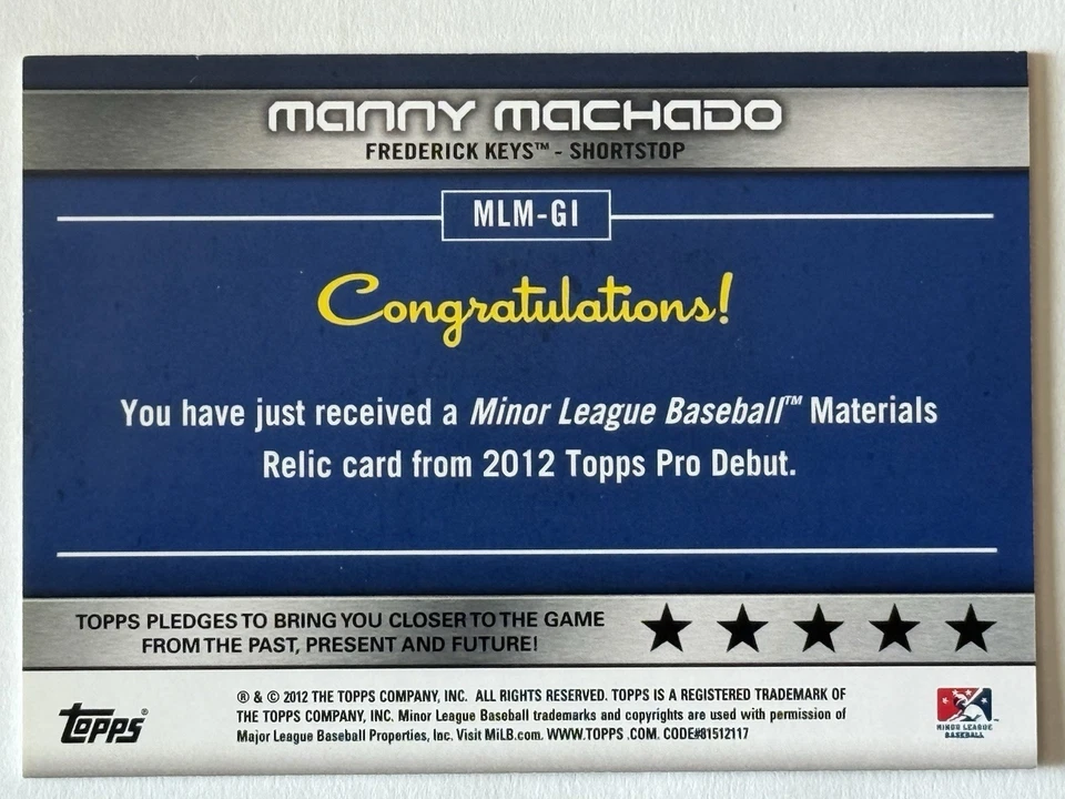 2012 Topps Manny Machado Game-Used Memorabilia Rookie RC 43/50 RARE Mint - Image 2 of 2