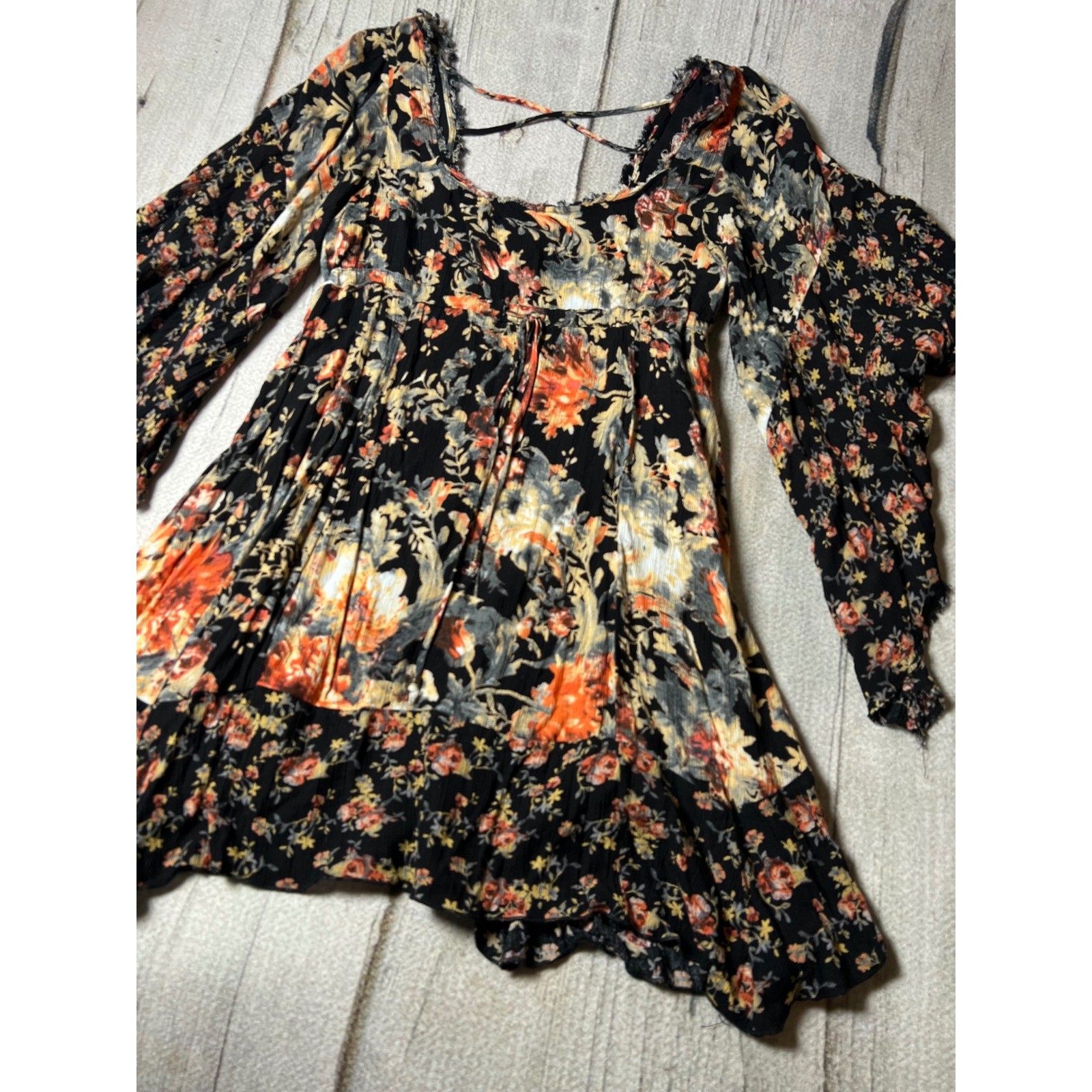 Free People Floral Tunic Dress Womens Small Black Boho Bell Sleeve Babydoll