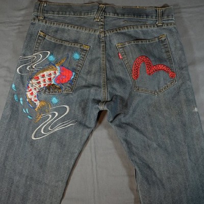 Evisu Genes Men Koi Fish Embroidered Jeans Blue Straight Leg Made in Japan 34x32