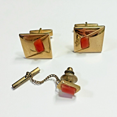 Vintage Gold-Tone Cufflinks & Tie Tack Set   Patent 2,974,351   Mid-Century