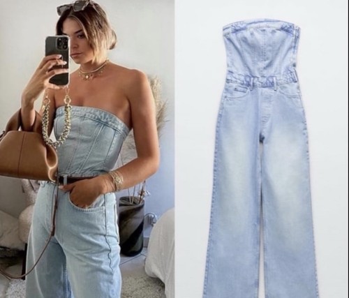 Zara Denim Strapless Jumpsuit Wide Leg Light Wash XS Corset