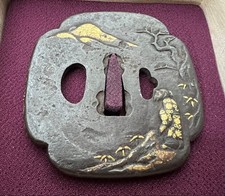 Antique Japanese Tsuba Daito Iron Gold Inlay Mountain River 7 2x6 8 cm