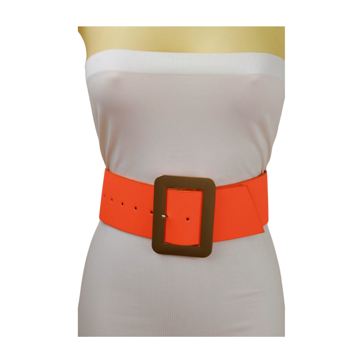 Women Wide Hip Waisted Band Belt Neon Orange Faux Leather Women Wide Hip Waisted Band Belt Neon Orange Faux Leather