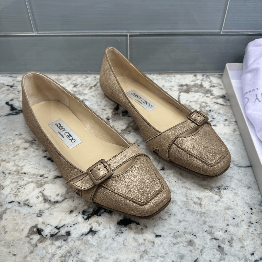 Jimmy Choo Gold Brushed Ballet Flats with Box and Dust bag Size