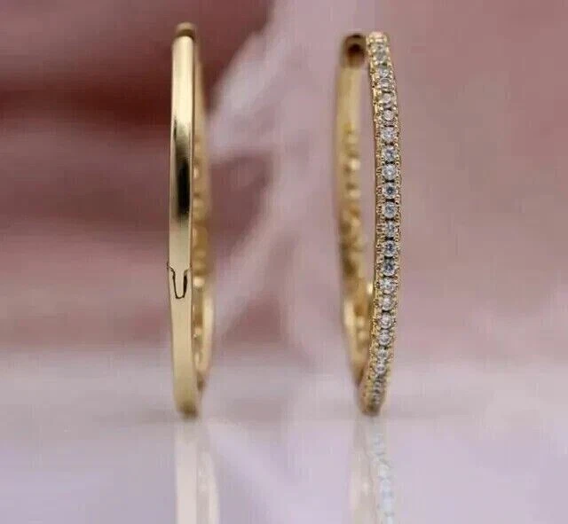Round Cut Simulated Diamond Large Huggie Hoop Earrings 14K Yellow Gold Plated - Image 2 of 4