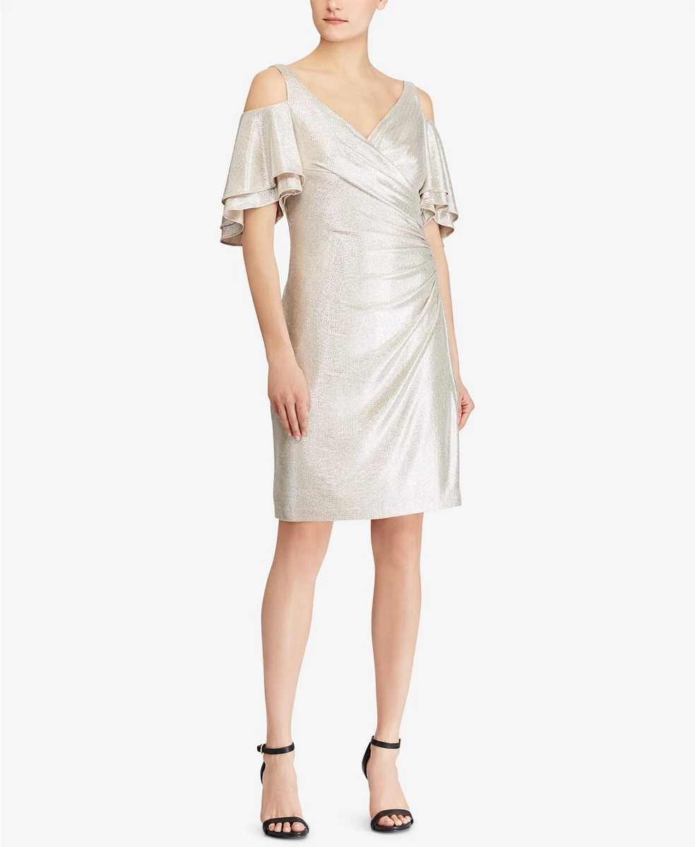 Lauren Ralph Lauren Womens Metallic Cold Shoulder Dress Champagne