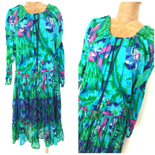 Vintage 90s Floral Grunge Dress Size Small Festive Cotton Broomstick Hawaiian