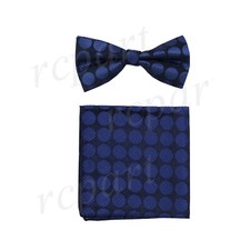 New Men's Pre-tied Bow Tie  Hankie set Black blue polka dots formal Wedding