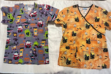 2 Medical Scrub Tops UA  SB Halloween Pocketed Small Nurse EUC