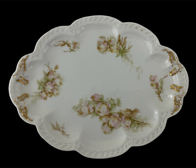 Haviland Limoges France Vtg Oval PLATTER 10.5'' Scalloped White Pink Gold Floral