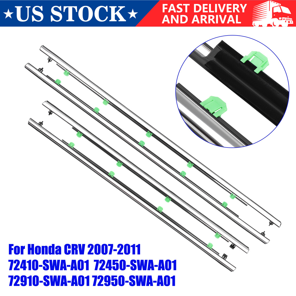 4X Window Moulding Trim Weatherstrips Seal For Honda CR-V 2007-2011 72410SWAA01
