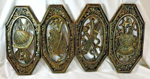Vintage Medieval Homco MCM Set of 4 Wall Plaques Renaissance Antique Gold Decor