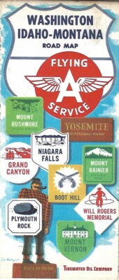 1958 TIDEWATER FLYING A Road Map WASHINGTON IDAHO MONTANA Spokane Seattle Tacoma