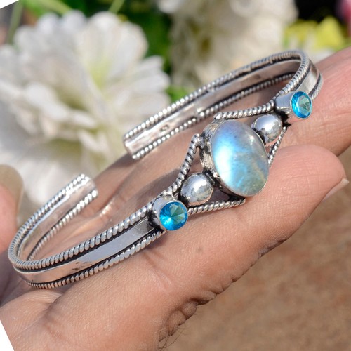 Labradorite & Blue Topaz Gemstone 925 Sterling Silver Bangle Cuff For Party Wear - Picture 7 of 9
