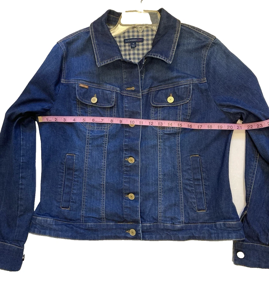 Chaqueta elástica Isaac Mizrahi talla L azul denim para mujer de un solo pecho Foto 3 de 4
