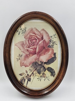 VTG Floral Rose Print Framed Oval Wood Frame Pink Botanical Wall Art 8.5''x10.5''