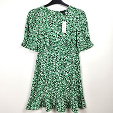 New Look Green Leopard Print Mini Dress Frill Sleeve Smock UK 12 BNWT