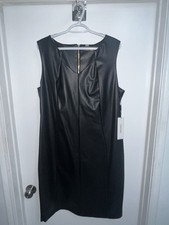 Calvin Klein Black Faux Leather Sheath Dress 16W Sleeveless Zipper Accent