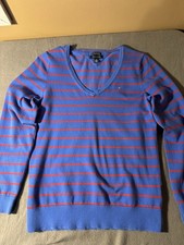 Tommy Hilfiger Pima Cotton Sweater Womens Large Blue Red Striped V-Neck Pullover