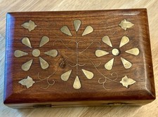 Vintage Wood Box w Brass Inlay, Flowers, Trinket Floral Box