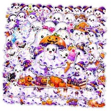 100 PCS Halloween Ghost Theme Glitter Holographic Stickers, Cute Ghost