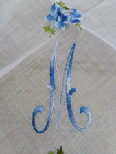 Vgt M Monogram Blue Satin Embroidery Blue Crochet White Cotton Hankie...