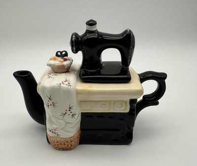 World Bazaar WB Mini Teapot Sewing Machine Hand Painted 4.5'' Tall Vintage