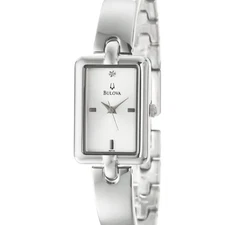 BULOVA Womens Rectangular Dress Watch, White Dial, Silver Stainless Steel Band