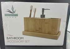 Bamboo Bathroom Accessory Set Soap Dispenser Toothbrush Holder Vanity Tray Decor