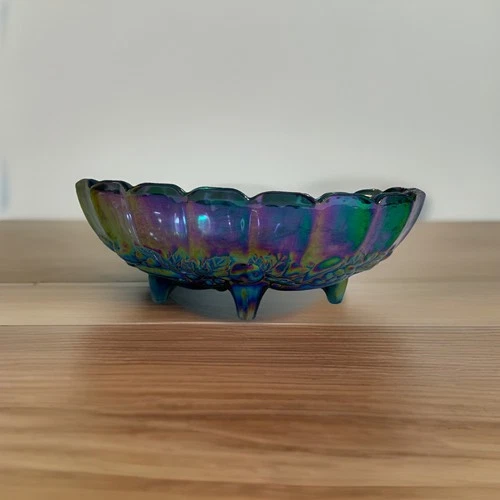 Vintage Indiana Carnival Glass Iridescent Large Oval Footed Fruit Bowl-12" Long