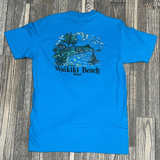 Vintage WAIKIKI BEACH HAWAII Turquoise Hawaiian Surf Tee Single Stitch Sz L