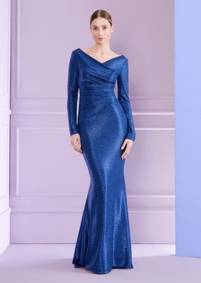 Talbot Runhof Electric Blue Maxi Evening Dress Women Sz 2 mirrorball Stretch NWT