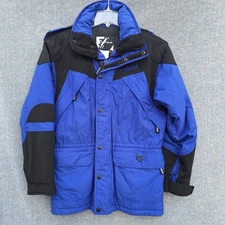 VTG Tyrolia Ski Snow Jacket Mens Small Blue Black Insulated Nylon Packable Hood